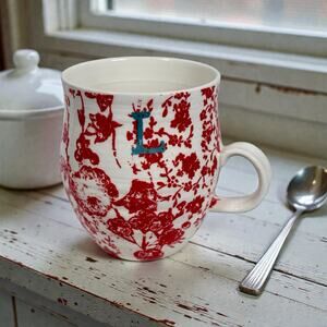 Anthropologie Homegrown Monogrammed L Red & White Floral Coffee Cup Mug READ